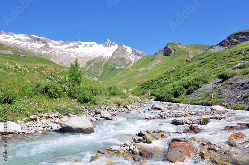 beautiful  snowy mountain and stream in summer 