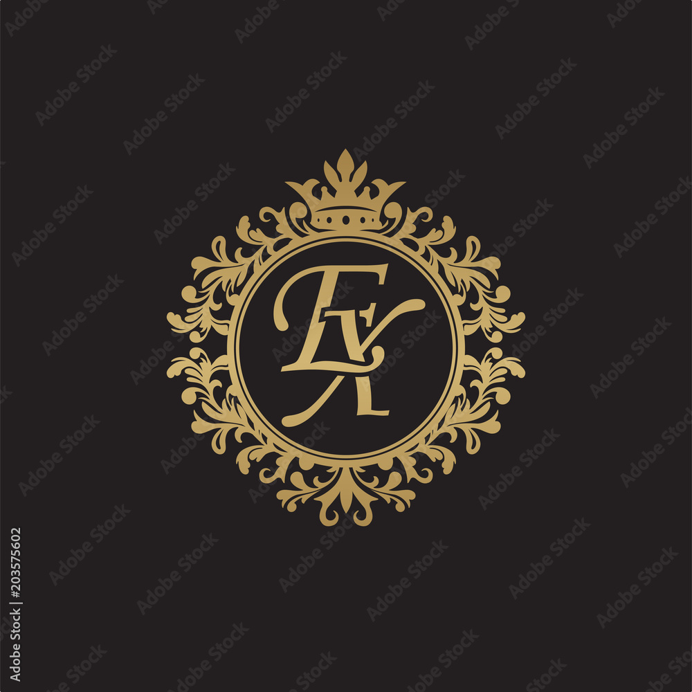 Initial letter EX, overlapping monogram logo, decorative ornament badge, elegant luxury golden color