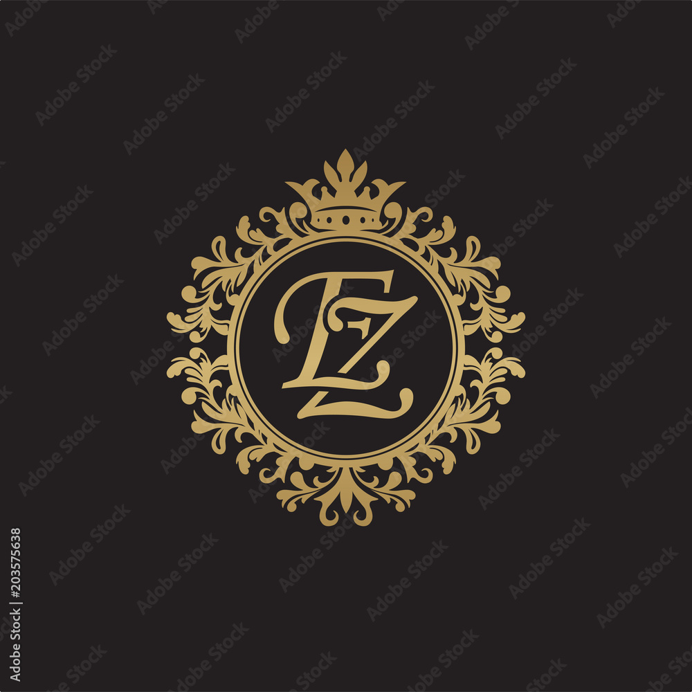 Initial letter EZ, overlapping monogram logo, decorative ornament badge, elegant luxury golden color