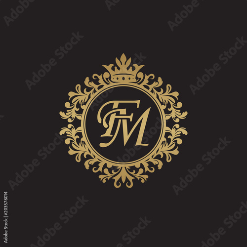 Initial letter FM, overlapping monogram logo, decorative ornament badge, elegant luxury golden color