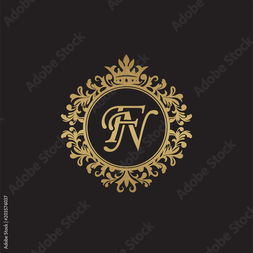Initial letter FN, overlapping monogram logo, decorative ornament badge, elegant luxury golden color