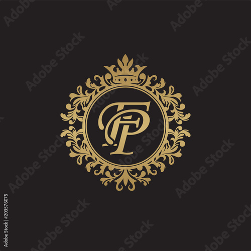 Initial letter FP, overlapping monogram logo, decorative ornament badge, elegant luxury golden color