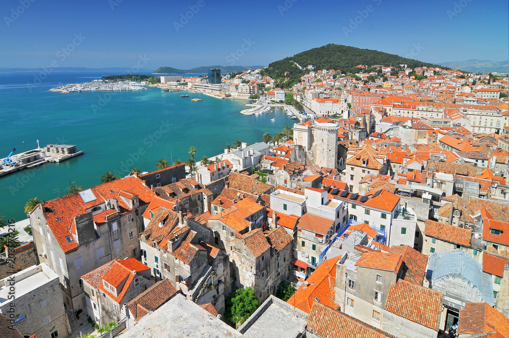 View of Split from Bell Tower of the cathedral of Saint Doimus, Croatia.