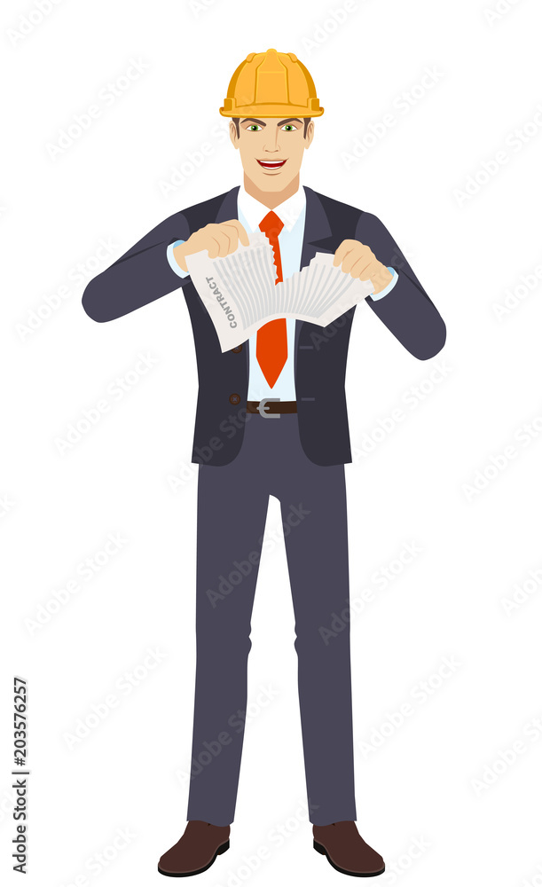 Businesswoman in construction helmet breaks the contract Businesswoman in construction helmet breaks the contract