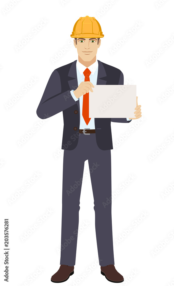 Businesswoman in construction helmet showing a a paper Businesswoman in construction helmet showing a a paper