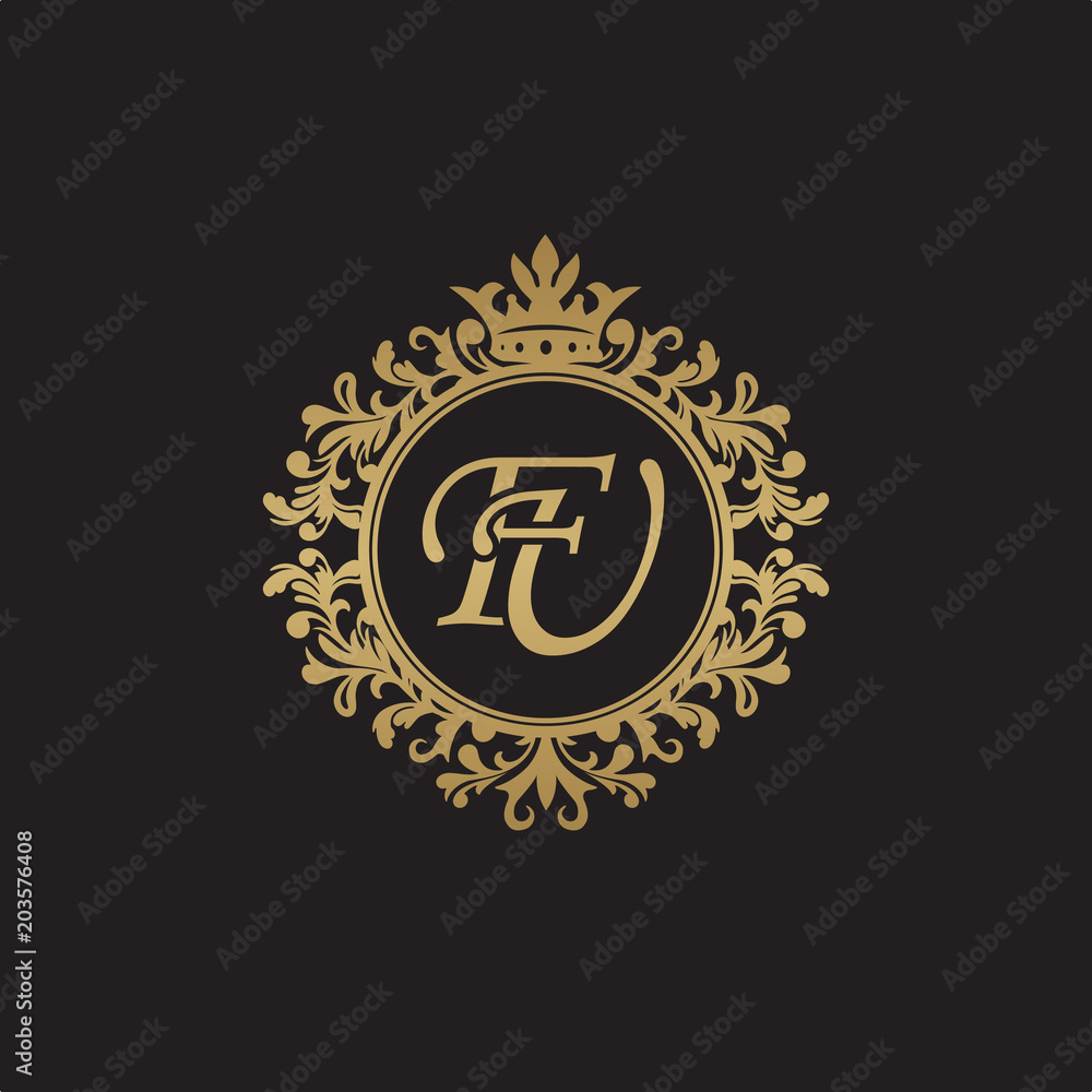 Fototapeta premium Initial letter FU, overlapping monogram logo, decorative ornament badge, elegant luxury golden color