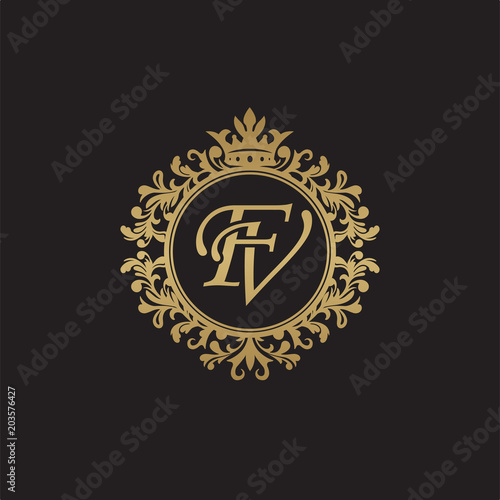 Initial letter FV, overlapping monogram logo, decorative ornament badge, elegant luxury golden color