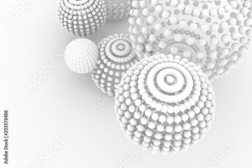 Spheres, modern style soft white & gray background. Artistic, illustration, generative & smooth.