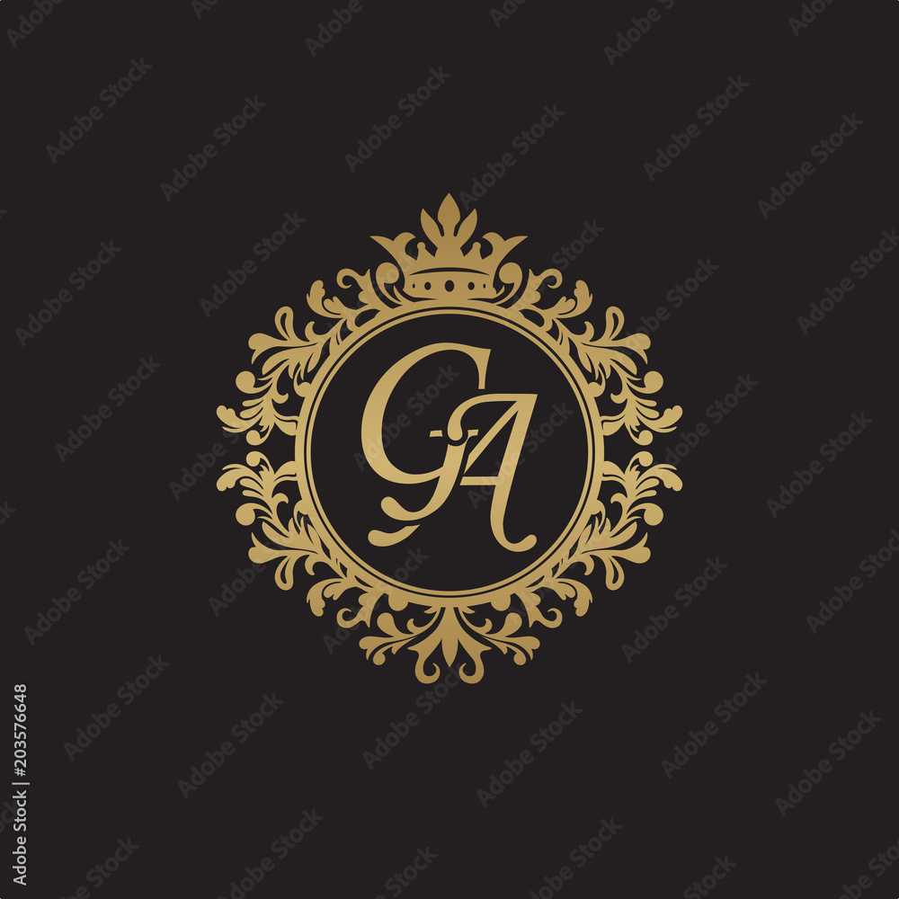 Initial letter GA, overlapping monogram logo, decorative ornament badge, elegant luxury golden color