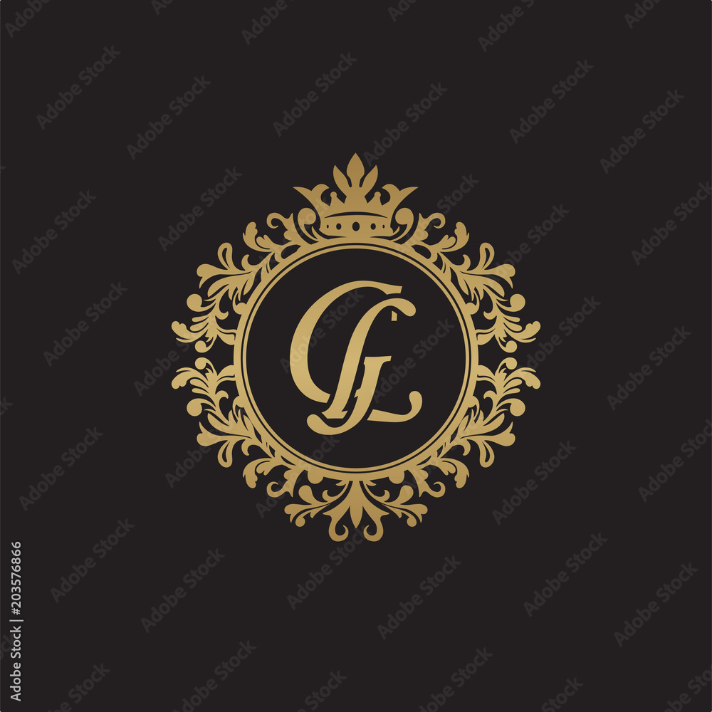 Initial letter GL, overlapping monogram logo, decorative ornament badge, elegant luxury golden color