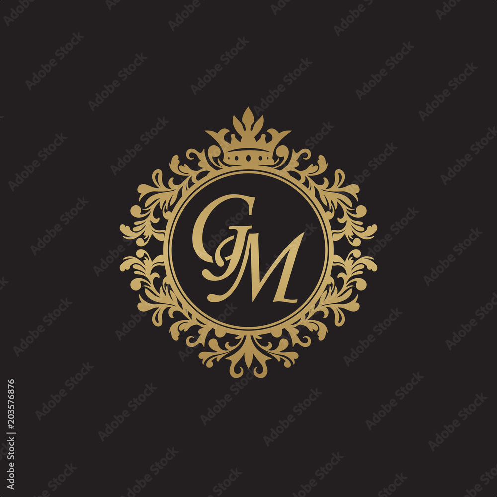 Classy Gold letter G, M and GM Vintage decorative ornament letter stamp, wedding  logo, classy letter logo icon. Stock Vector