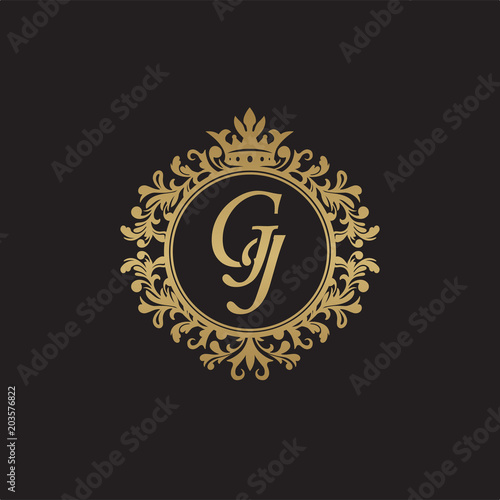 Initial letter GJ, overlapping monogram logo, decorative ornament badge, elegant luxury golden color