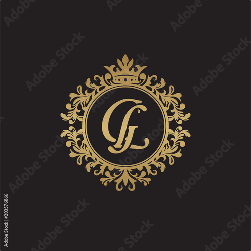 Initial letter GL, overlapping monogram logo, decorative ornament badge, elegant luxury golden color