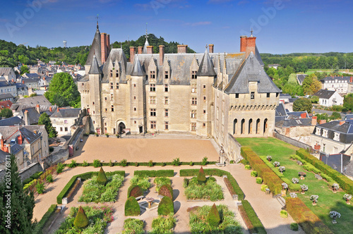 View of the castle garden and town Langeais. Loire Valley France.