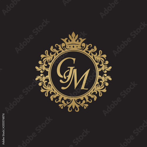 Initial letter GM, overlapping monogram logo, decorative ornament badge, elegant luxury golden color