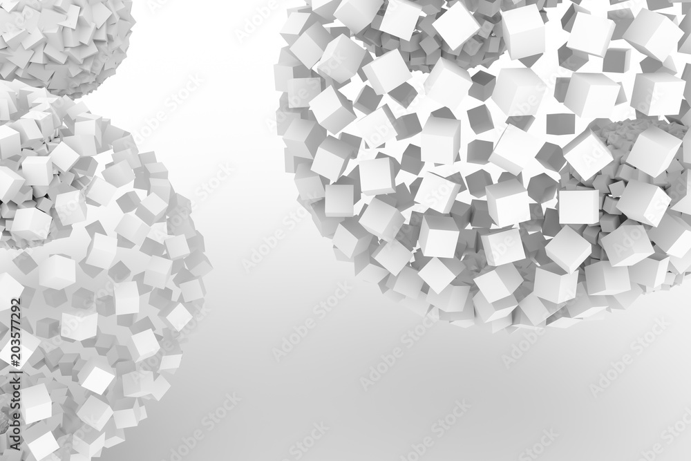 Fototapeta premium Spheres from squares, modern style soft white & gray background. Artwork, perspectives, graphic & wallpaper.