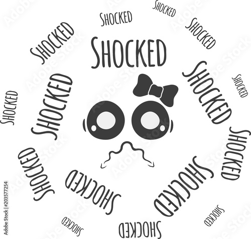 Text surrounding a face with a tie and with a shocked gesture. Hand drawn and paper style. EPS 10 Vector Illustration.