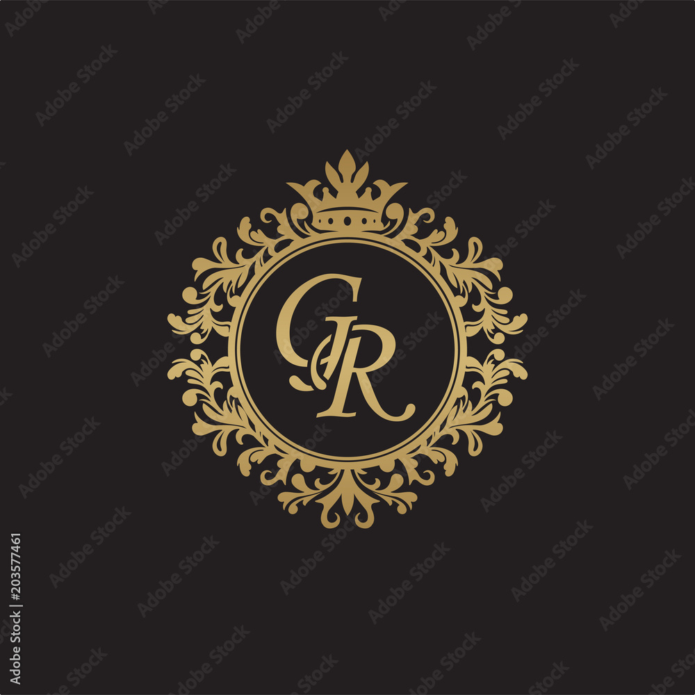 Initial letter GR, overlapping monogram logo, decorative ornament badge, elegant luxury golden color