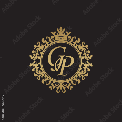 Initial letter GP, overlapping monogram logo, decorative ornament badge, elegant luxury golden color
