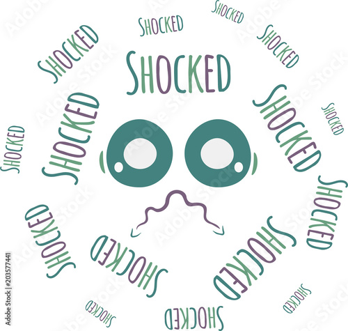Text surrounding a face with a shocked gesture. Hand drawn and paper style. EPS 10 Vector Illustration.
