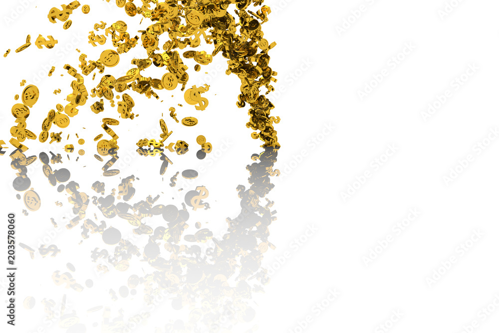 Bunch of money, gold, dollar sign or coins flow from the floor, modern style background or texture.