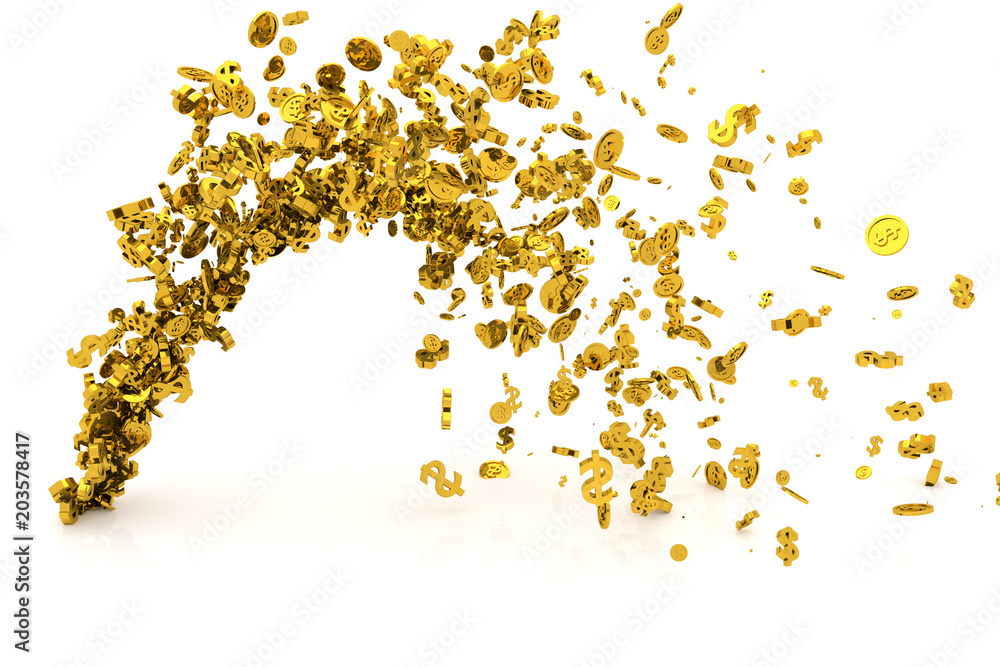 Bunch of money, gold, dollar sign or coins flow from the floor, modern style background or texture.