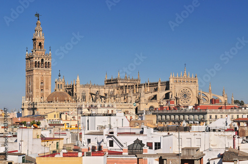 Cityscape of Seville with Santa Maria de la Sede Cathedral, Andalusia, Spain.