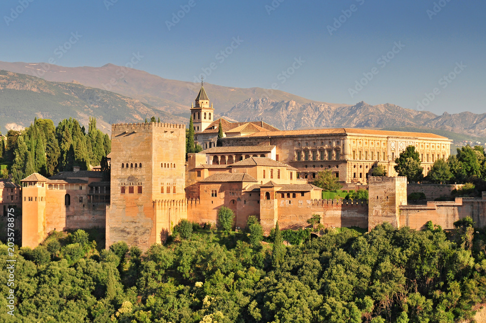 Spain Andalusia Granada View from Patio de la Acequia to Alhambra Overall view of Alcazaba City castle on the hill Sabikah.