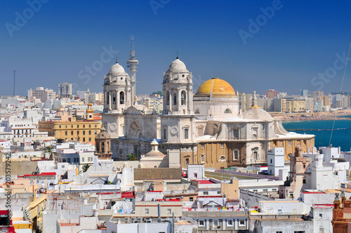 View from Torre Tavira tower to Cadiz Cathedral, also New Cathedral, Costa de la Luz, Andalusia, Spain. photo