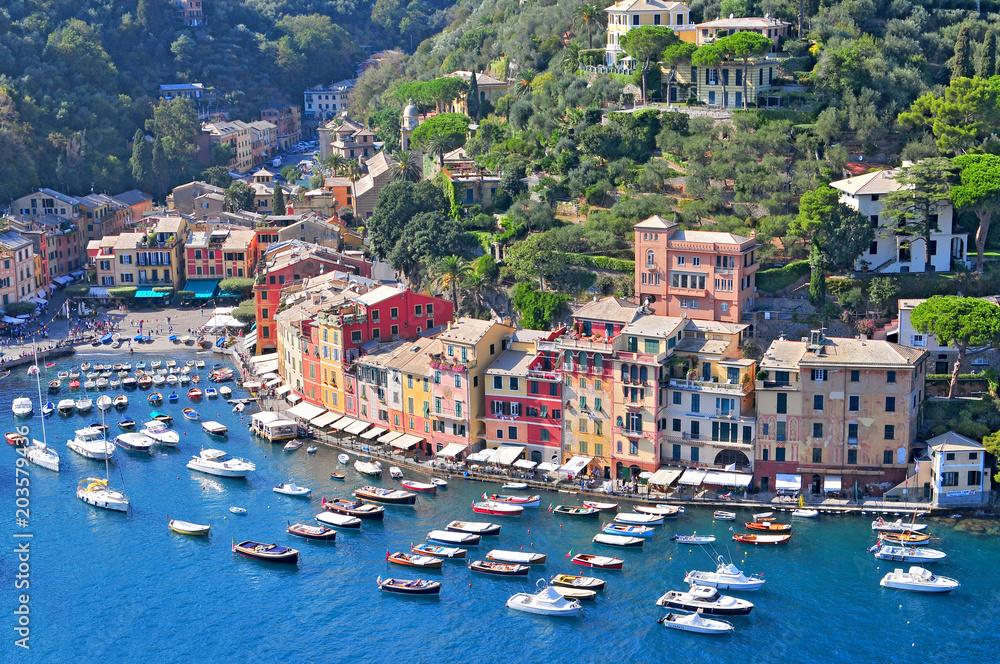 Liguria Portofino, view of harbor with moored boats and pastel colored houses lining the bay with trees on hills behind, Italy.
