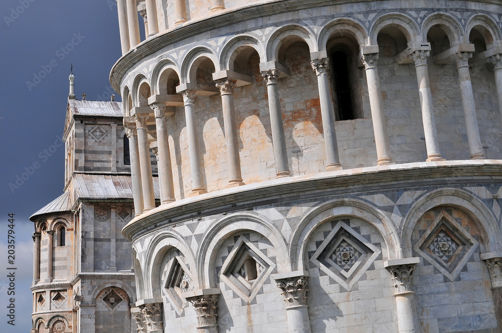 Architectural details of the Leaning Tower of Pisa Tuscany Italy.