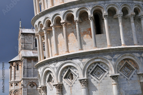 Architectural details of the Leaning Tower of Pisa Tuscany Italy.