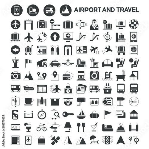 airport icons, travel and hotel icons vector set
