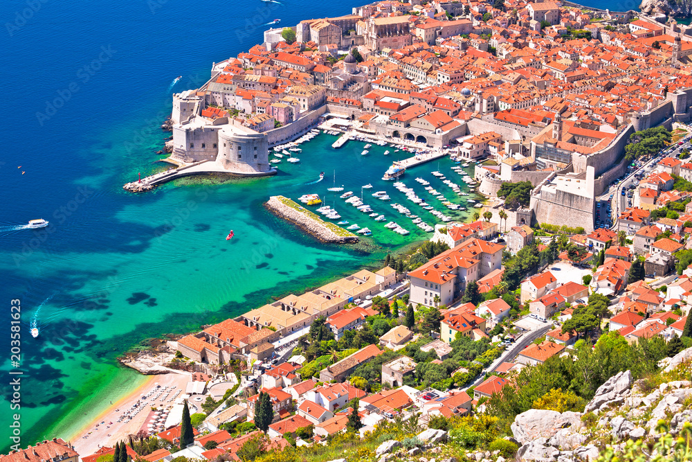 Town of Dubrovnik UNESCO world heritage site aerial harbor view