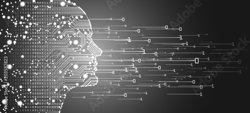 Big data and artificial intelligence concept. Machine learning and cyber mind domination concept in form of men face outline outline with circuit board and binary data flow on silver background.
