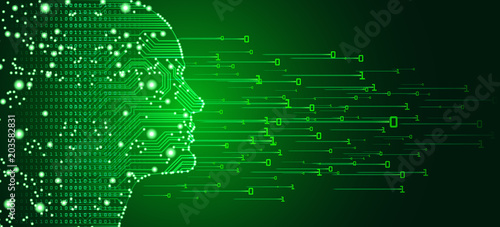 Big data and artificial intelligence concept. Machine learning and cyber mind domination concept in form of men face outline outline with circuit board and binary data flow on blue background.