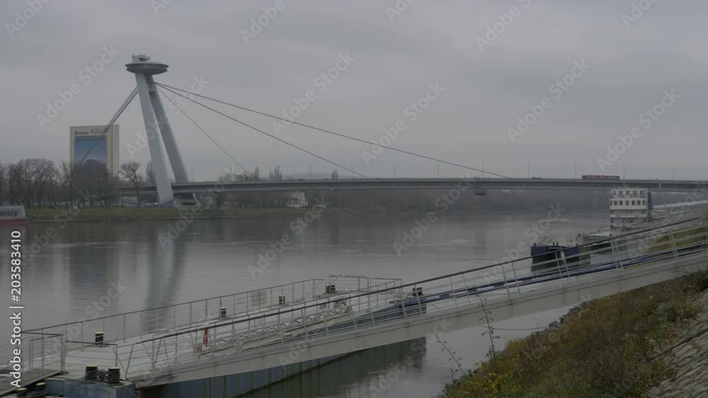 UFO Bridge and a deck in Bratislava UFO Bridge and a deck in Bratislava