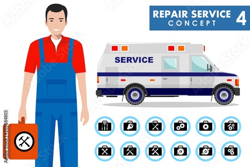 Repair service concept. Detailed illustration of service machine and master repairer in flat style. Simple icons set: wrench, screwdriver, hammer and gear. Services icon or button on white background.