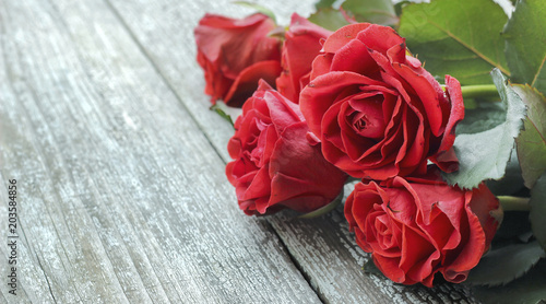 Red roses on a wooden background