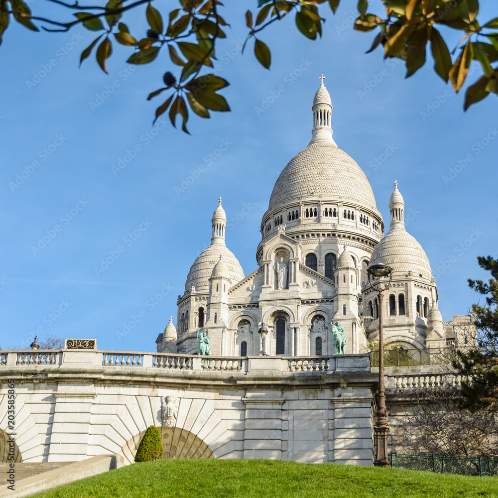 The bright white basilica of the Sacred Heart of Paris, situated at the top of the Montmartre hill, seen from the Louise Michel park by a sunny spring morning with foliage in the foreground.