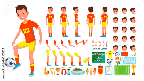 Soccer Player Male Vector. Animated Character Creation Set. Man Full Length, Front, Side, Back View, Accessories, Poses, Face Emotions, Gestures. Isolated Flat Cartoon Illustration