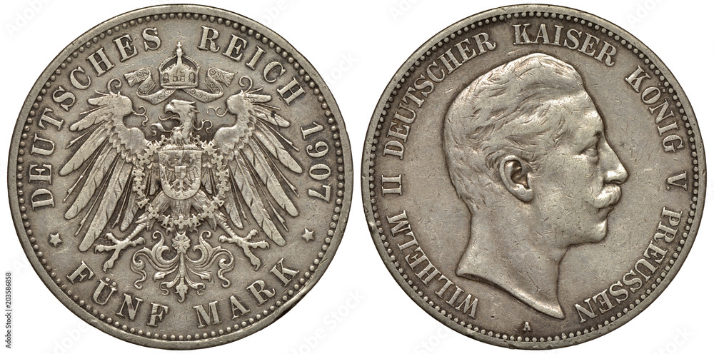 Germany German Prussia Prussian silver coin 5 five mark 1907, crowned  imperial eagle with shield on chest, head of king Wilhelm II right, pre  World War I, Stock Photo | Adobe Stock