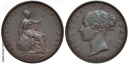 Obraz na plátně Great Britain British coin 1/2 half penny 1853, seated Britannia holding trident