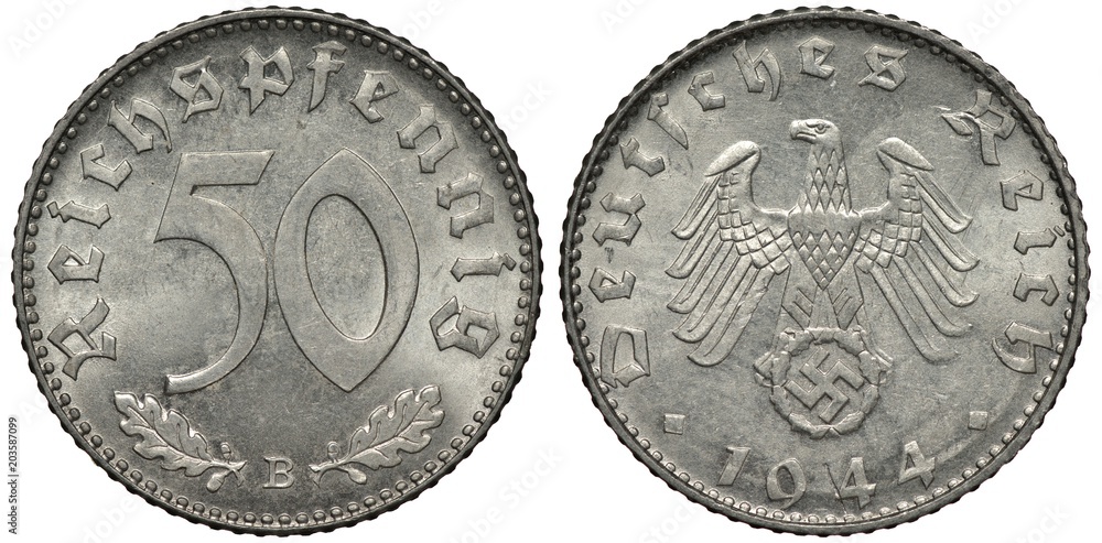 Germany German aluminum coin 50 fifty pfennig 1944, last but one year of  Nazi regime of Third Reich, oak leaves below value, imperial eagle, date  below, Stock Photo | Adobe Stock