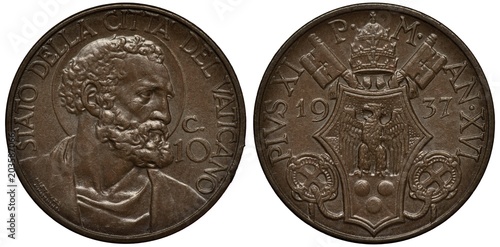Photos Vatican City coin 10 ten centesimi 1937, Saint Peter’s head right, papal arms, e