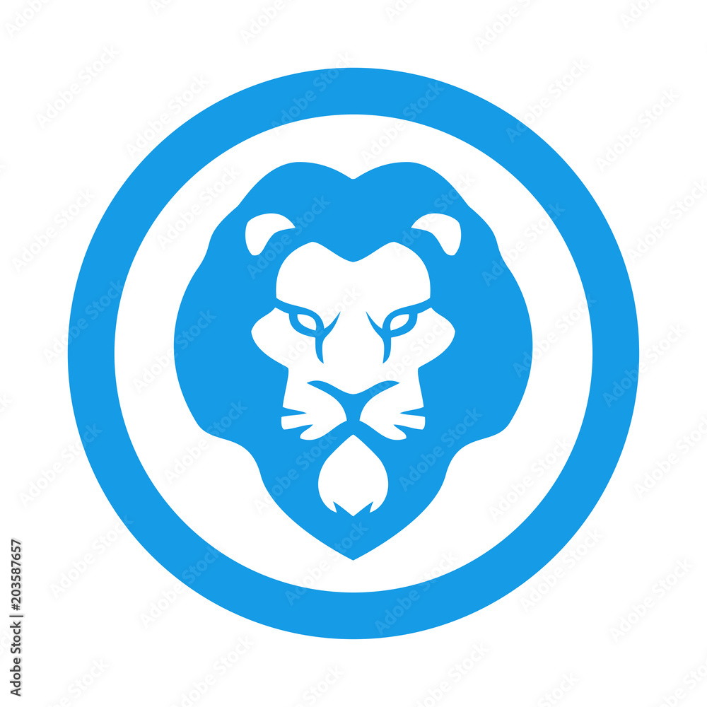 Icono plano cabeza de leon espacio negativo en circulo azul Icono plano cabeza de leon espacio negativo en circulo azul