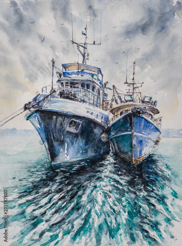 Obraz na płótnie Dwie łodzie rybackie przed burzą zakotwiczone w porcie. Obraz utworzony za pomocą akwarel.