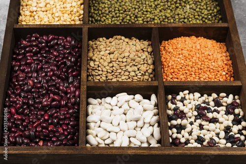 Assortment of beans (red lentil, green lentil, chickpea, peas, red beans, white beans, mix beans, mung bean)