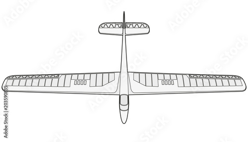 Model glider, ground plan. Beautiful subtle airplane. Balsa wood wings, model hobby. Outlined master vector wire illustration