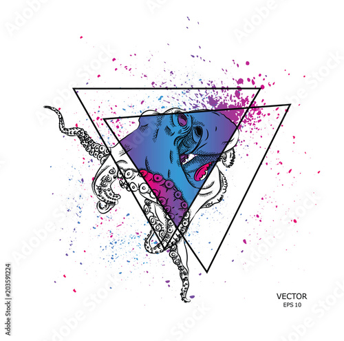 portrait of an octopus in the background of a triangle.Can be used for printing on T-shirts, flyers and stuff. Vector illustration